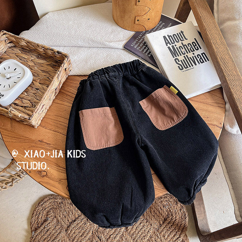 巨百搭!儿童冬季黑色束口加绒牛仔裤帅气男童哈伦裤加厚秋冬裤子