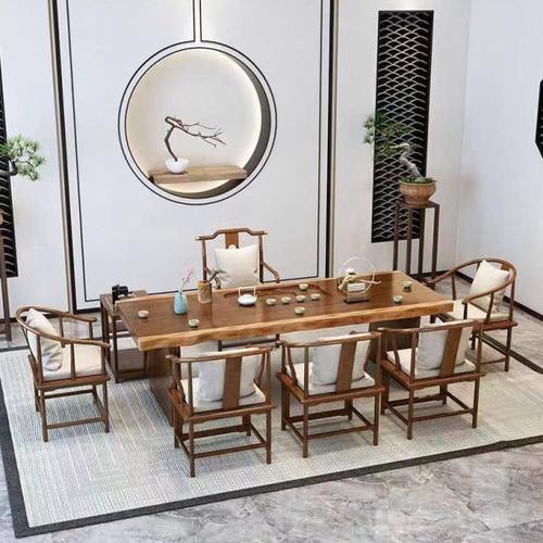 新中式实木泡茶台禅意功夫泡茶桌茶盘一体家用原木大板茶桌椅组合