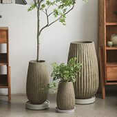 古雅竖条纹圆柱形高款 水泥花盆家用室内样板间售楼部落地绿植花器