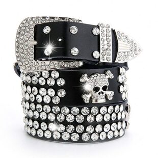 Vintage Rhinestone Skull Belts for Women Wide Buckle Belt Fo