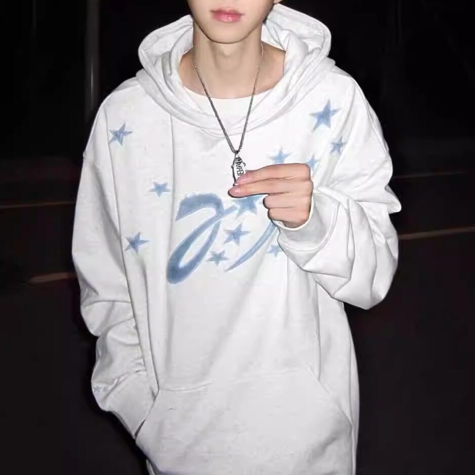 美式复古高街星星刺绣连帽卫衣男秋冬季2025新款宽松情侣纯棉上衣