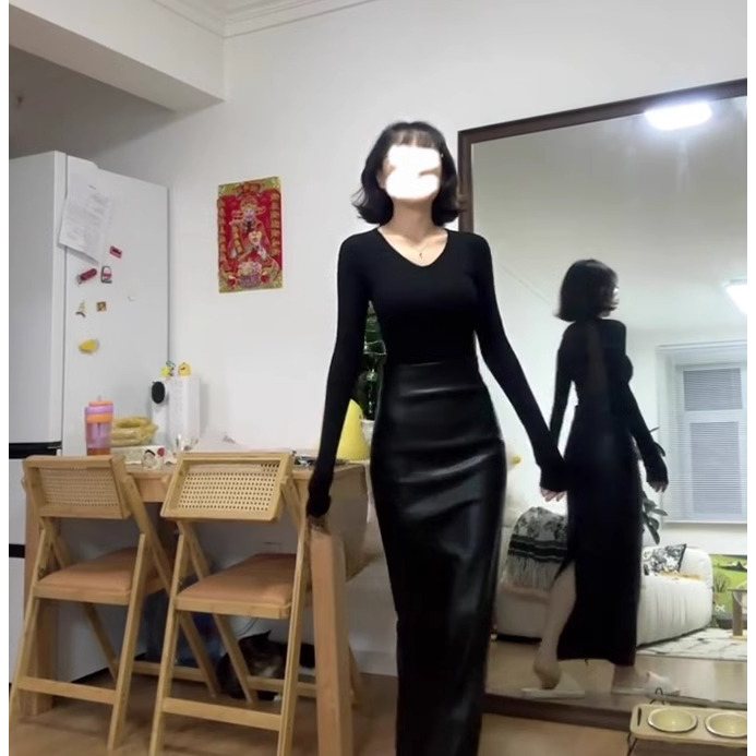 实价现货黑色包臀皮裙女上衣搭配半身裙两件套成熟御姐穿搭一整套