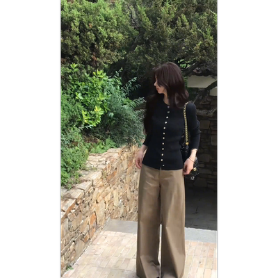 高级感黑色纽扣针织衫上衣女秋季气质高腰显瘦休闲裤套装