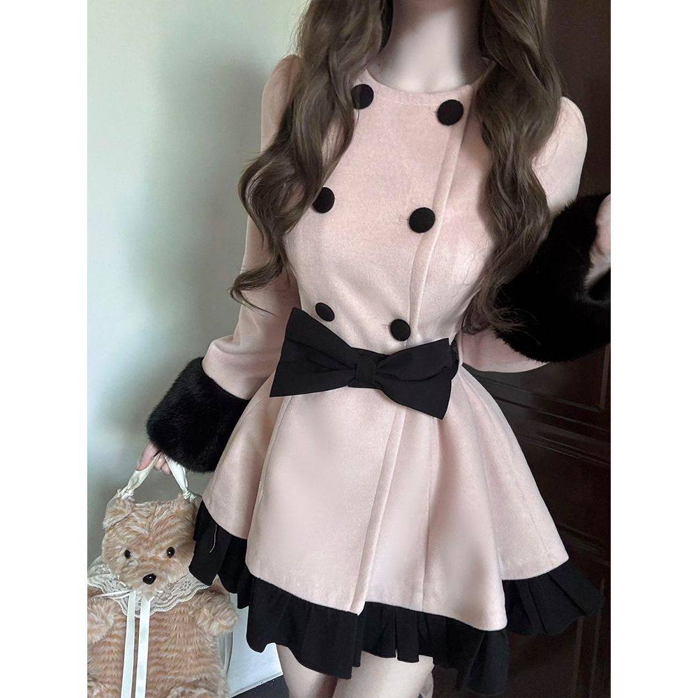 蝴蝶少女 日系高级清楚秋冬气质粉冬日蝴蝶结收腰毛呢外套连衣裙,女装/女士精品,毛呢外套,淘宝优惠券,粉丝福利购,淘宝优惠卷