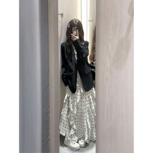 两件套装 韩系高级感黑色西装 新款 不规则波点吊带连衣裙春季 外套