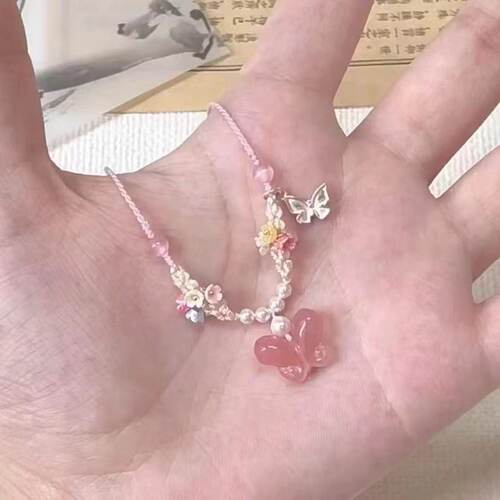 粉色冰透蝴蝶项链女轻奢小众设计