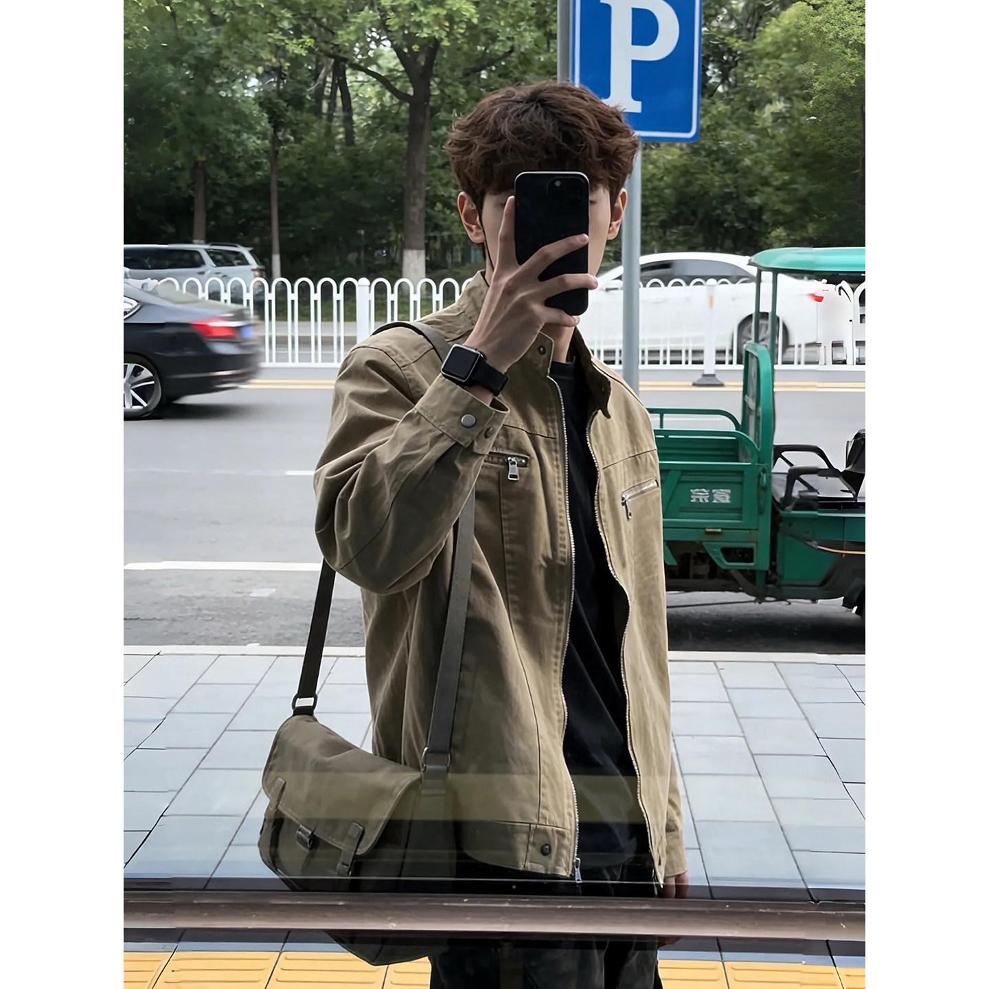 卡其色正肩哈灵顿夹克男