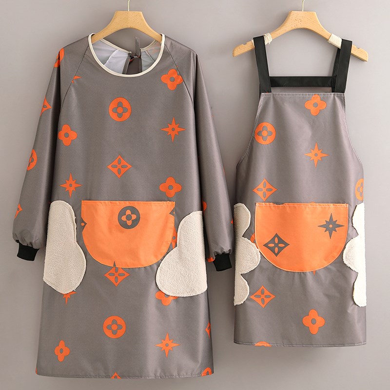 新款时尚长袖围裙女防水防油家用厨房做饭罩M衣餐饮工作服大人围