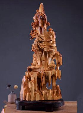 厂家太行崖雕柏根雕摆件客厅55654陈化料随木形树刻根抱石实木雕