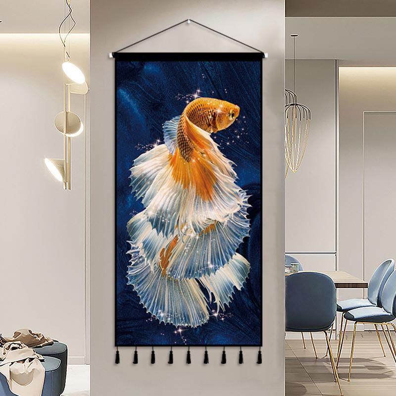 中艺奢式轻玄年年有鱼挂布背sZzxNDzP景布入户关装饰挂毯画客厅墙