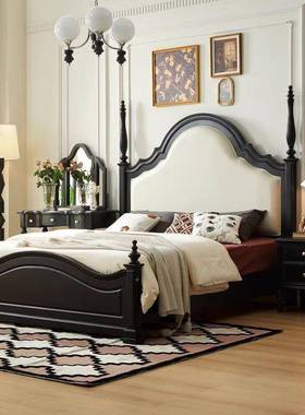中法古风实木床黑色床1.51.8M双人HT1266床M软包代简约复古现式床