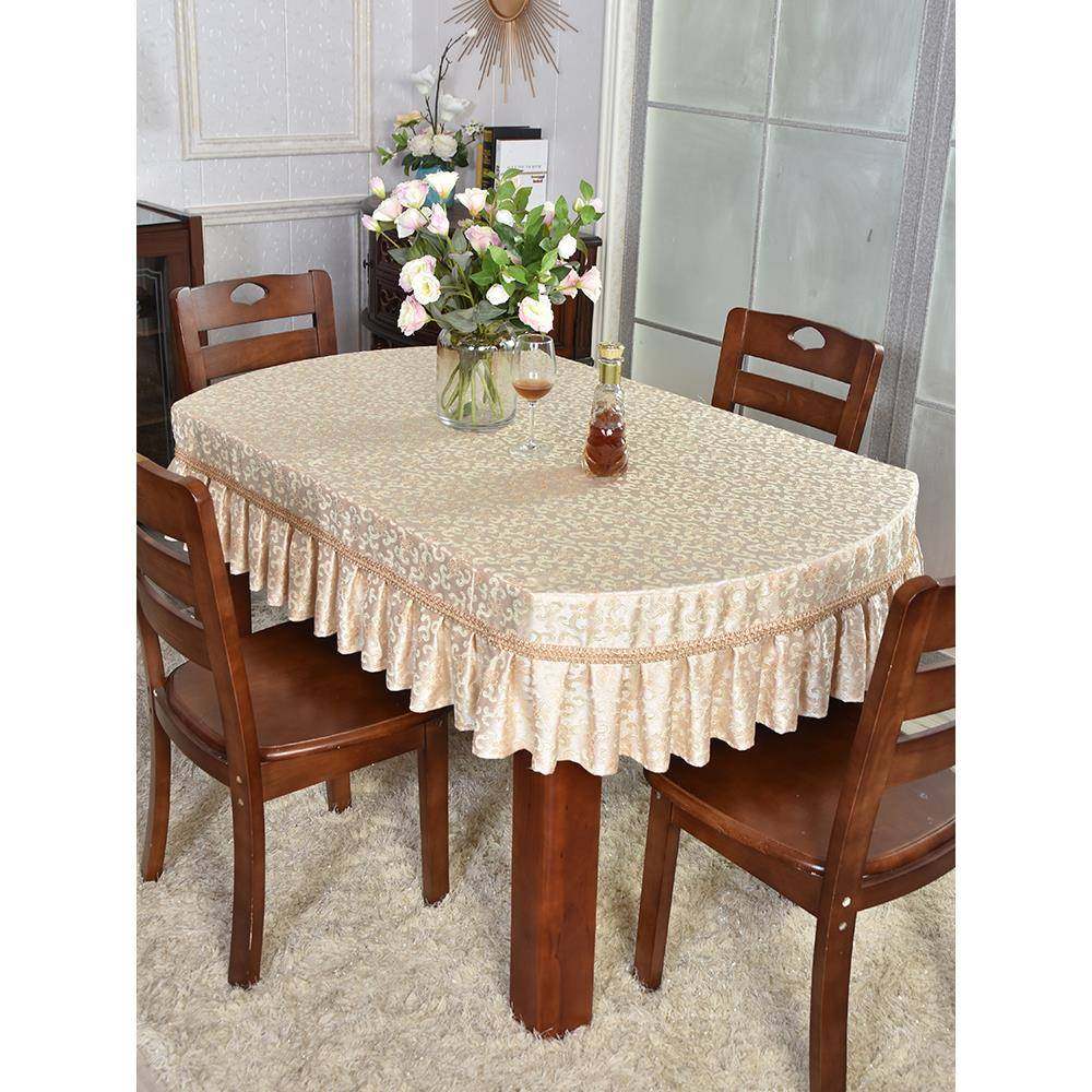 折叠椭圆形桌布轻奢欧式荷叶边金色台布布艺长方形餐桌布桌套定