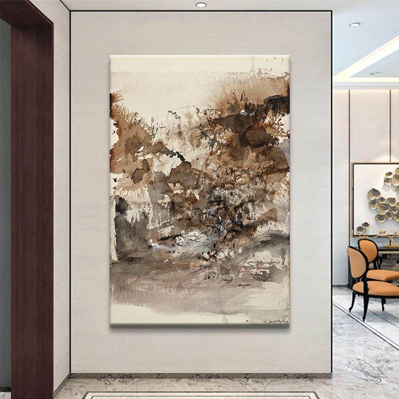 赵无极抽象画现代轻奢混搭风格竖版大幅装饰画入户玄关过道壁画