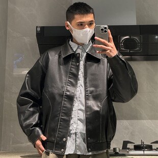 重头来过男装春秋季美式复古潮流夹克情侣硬汉休闲工装机车皮衣男