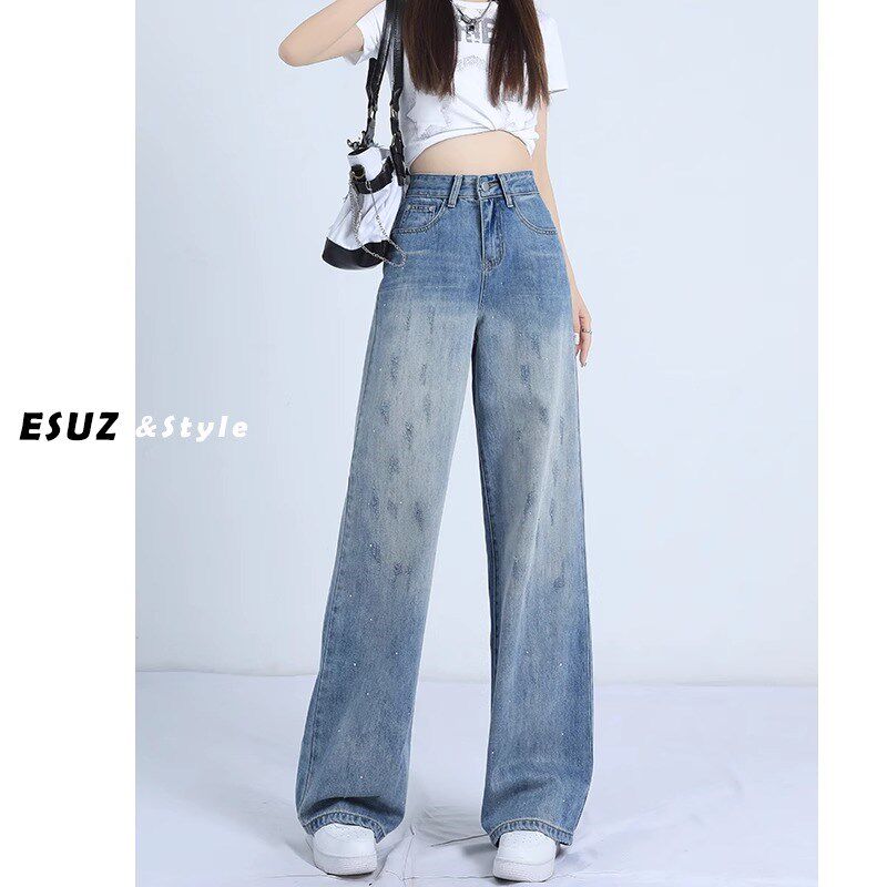 美式阔腿牛仔裤女夏季设计感烫钻渐变高腰直筒宽松水洗拖地长裤子