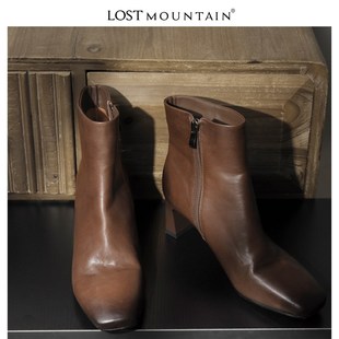 孤山定制基础款h水洗牛皮高跟瘦瘦靴方头粗跟短靴女2024新款靴子