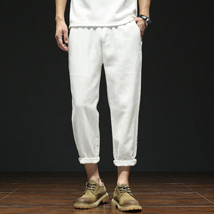 男白色纯色八分棉麻中国风宽松百搭亚麻哈伦裤 休闲九分裤 薄款 夏季