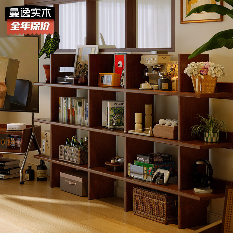 中古风实木格子书架落地客厅隔断置物架家用多功能自由组合收纳柜