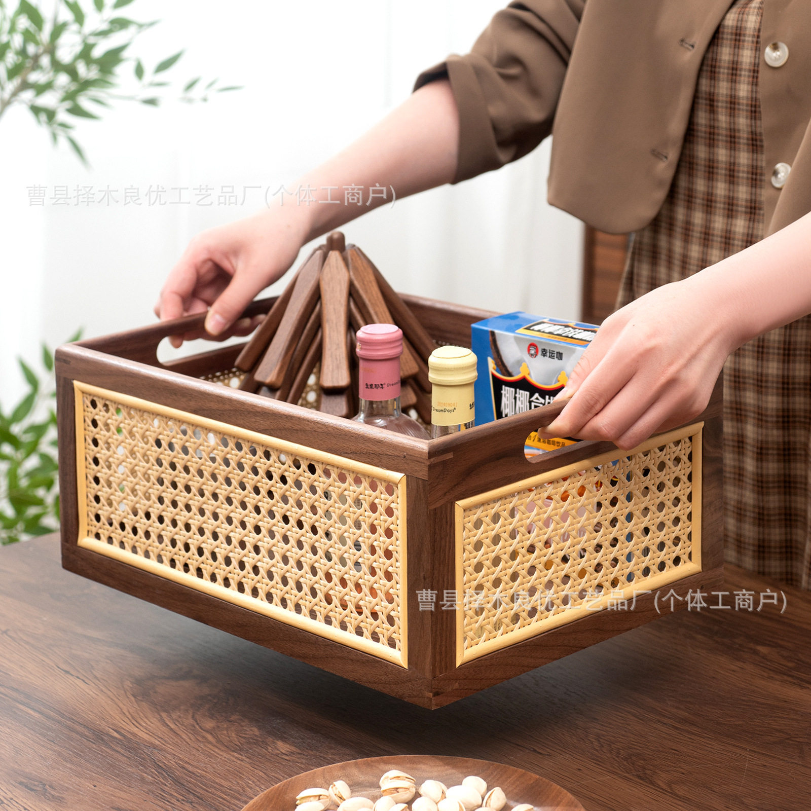 实木整理箱木质藤编收纳筐家用桌面玩具收纳篮编织杂物筐家居储物