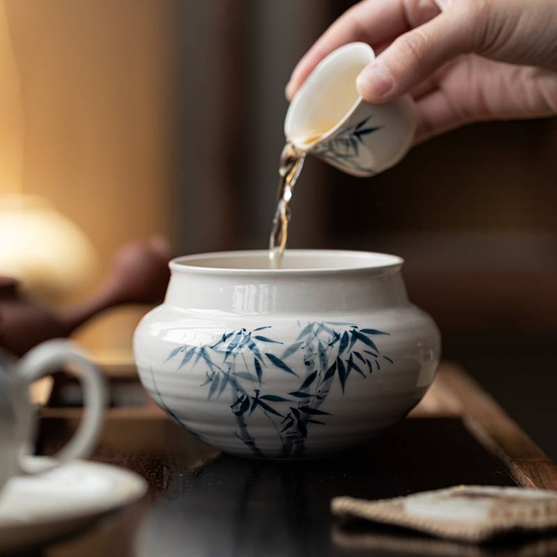 观岚手绘蓝竹建水陶瓷茶洗禅意家用桌面茶渣缸废水桶水盂茶渣桶
