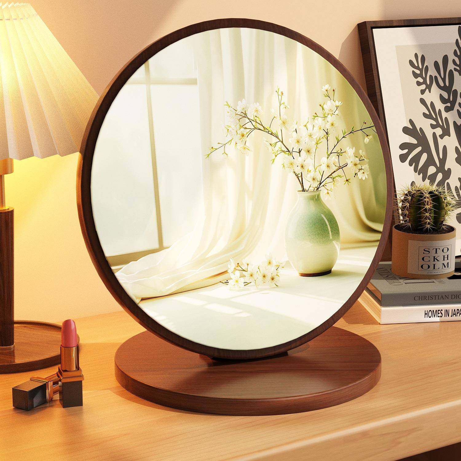 家用实木化妆镜台式桌面女卧室梳妆台镜子复古随身折叠大号梳妆镜