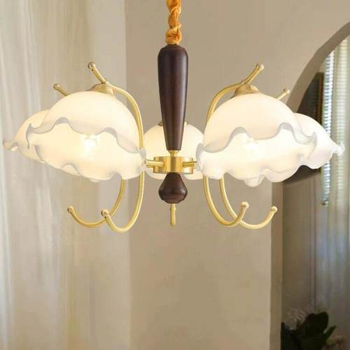 法式奶油全铜胡桃木花朵吊灯全光谱护眼美式复古轻奢客厅餐厅灯