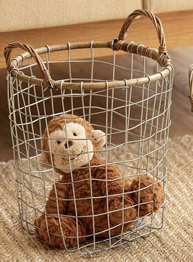 xyt美式复古简约铁艺网格收纳篮藤条铁丝编织储物筐纯手工手提置