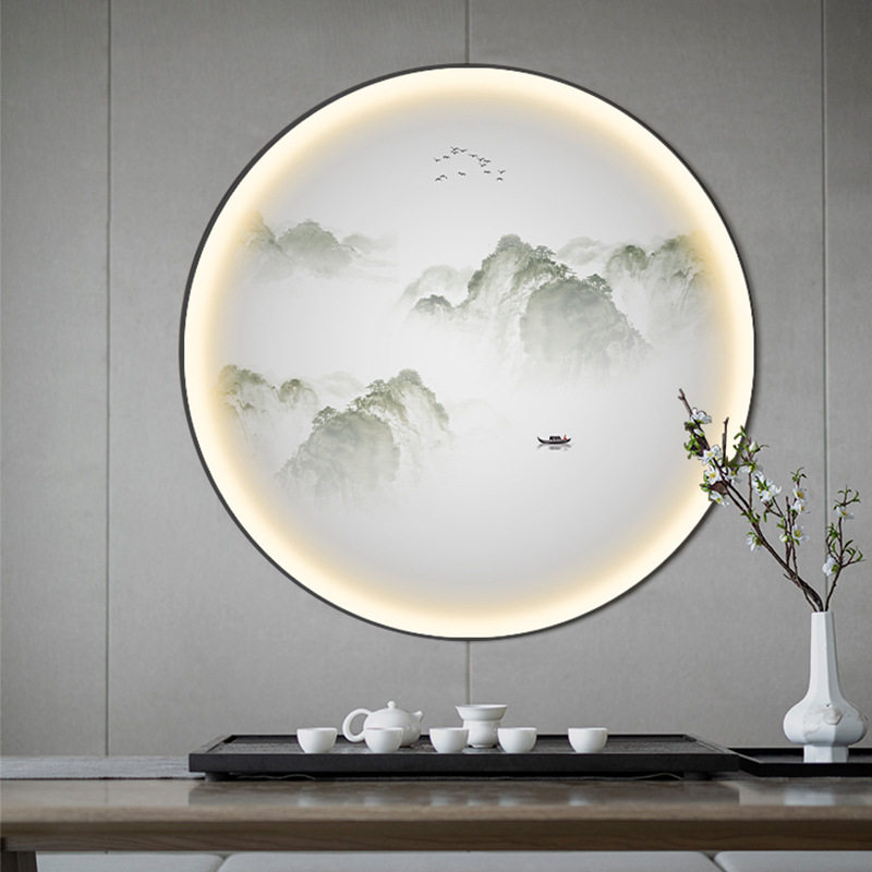 圆形中式玄关灯带画led发光酒店风景挂画软装入户茶室书房山水画