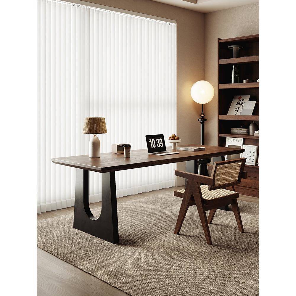 实木桌胡桃木色客厅原木大长书桌餐桌椅工作台大板一体会议办公桌