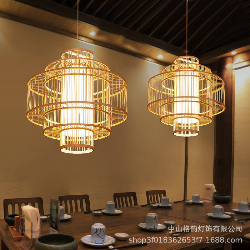 大气工程包厢间茶楼圆桌餐厅吊灯中式风格大厅民宿竹编圆卡大吊灯