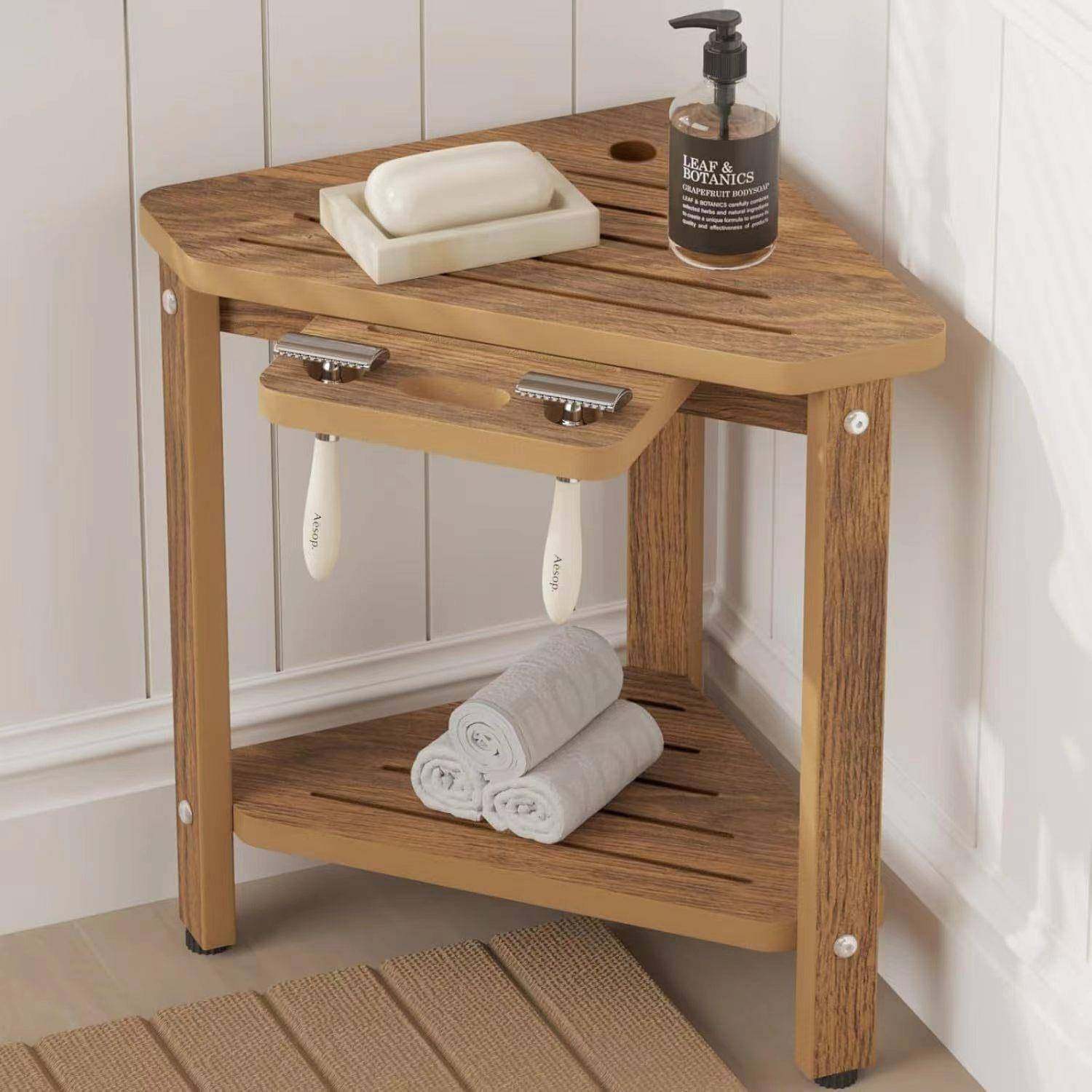 木质浴室脚踏板家用沐浴凳拐角双层储物架实木花架收纳支架整理架,收纳整理,书桌收纳置物架,淘宝优惠券,粉丝福利购,淘宝优惠卷