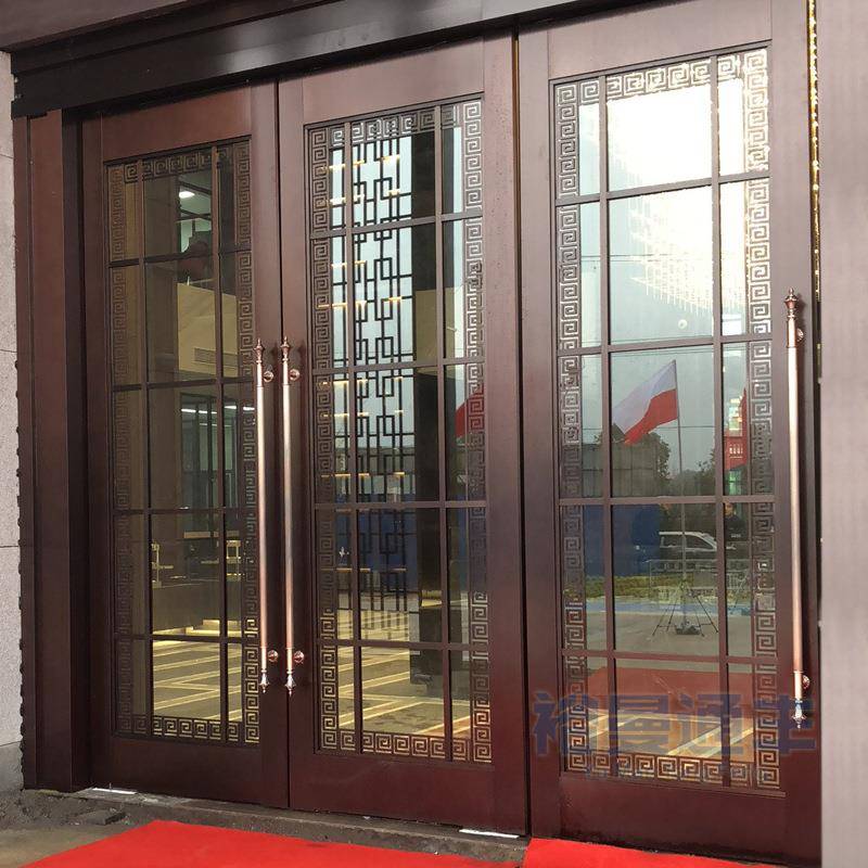 酒店售楼部工程新中式仿古铜色不锈钢钢化玻璃平开门地弹门