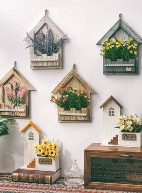 Y8Z田园花墙面装饰挂件家居壁挂花篮花器客厅卧室墙壁假花挂木