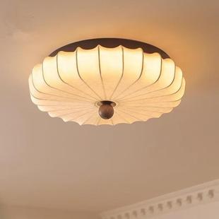 法式复古实木卧室灯吸顶灯中古客厅灯日式圆形布艺主卧书房吸顶灯