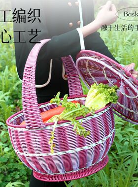 手提篮带盖藤编手工编织露营篮购物篮圆形水果篮拜拜篮野餐采摘篮