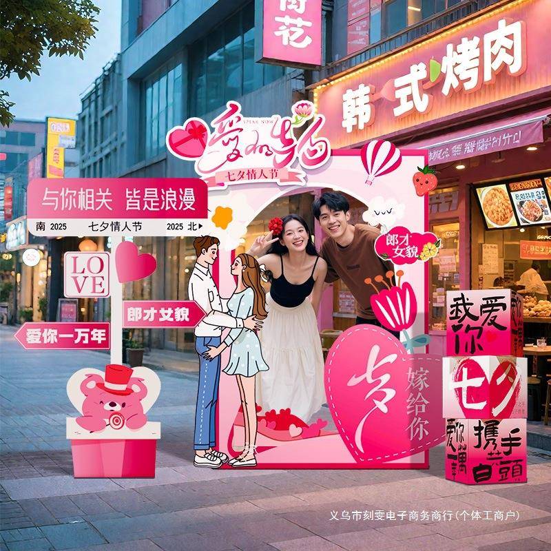 七夕情人节氛围橱窗场景布置拍照相框挂布门店装饰用品kt展板立牌