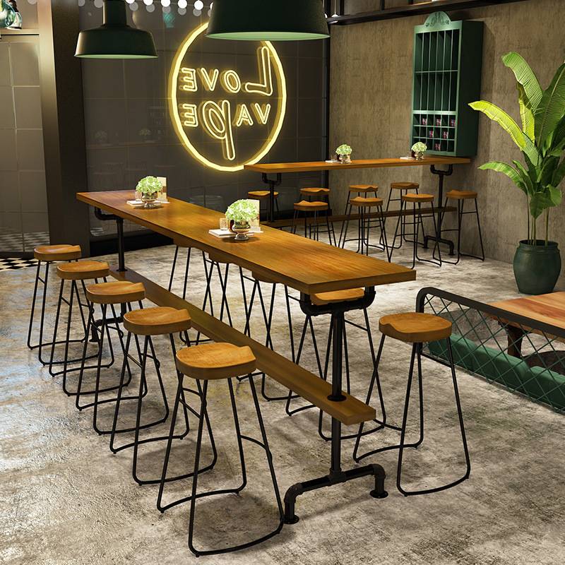 美式工业风铁艺水管实木吧台桌商用餐厅酒吧休闲长条高脚桌椅组合
