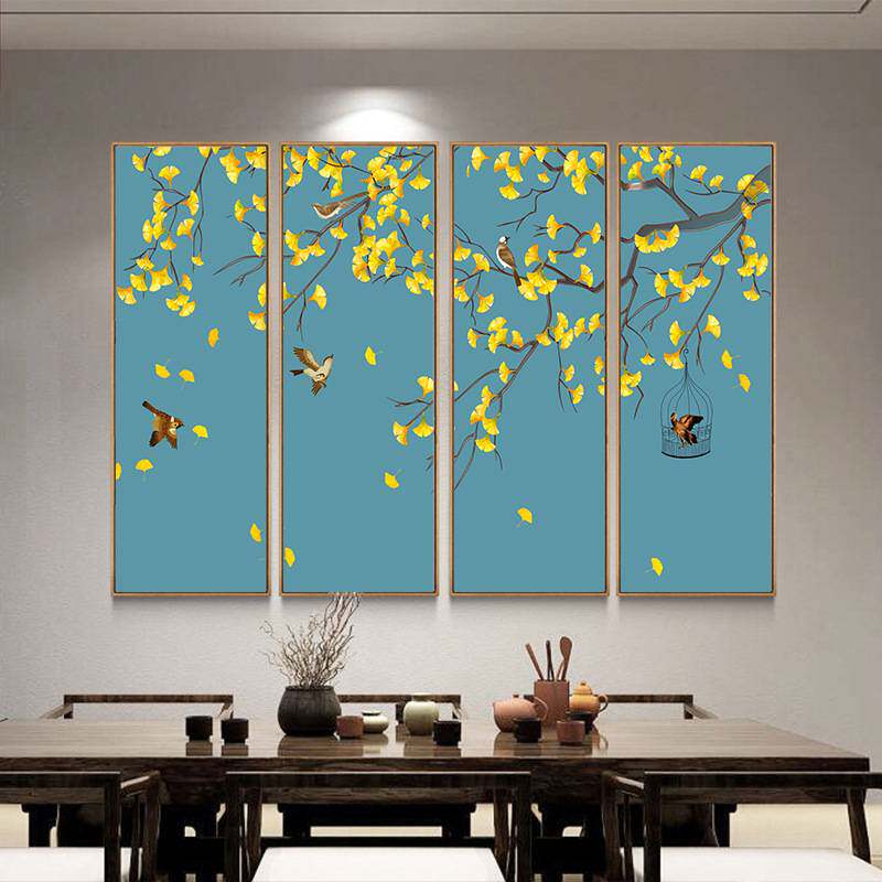 新中式客厅装饰画玄关壁画四条屏画餐厅挂画茶室墙画工笔花鸟国画