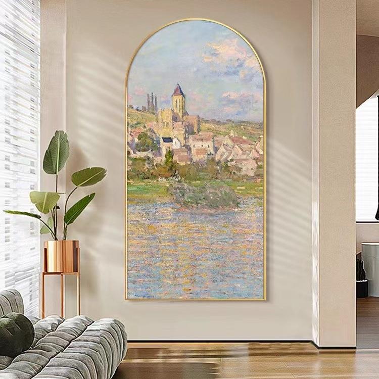 现代法式入户玄关装饰画轻奢竖版拱形挂画走廊过道莫奈风景油画