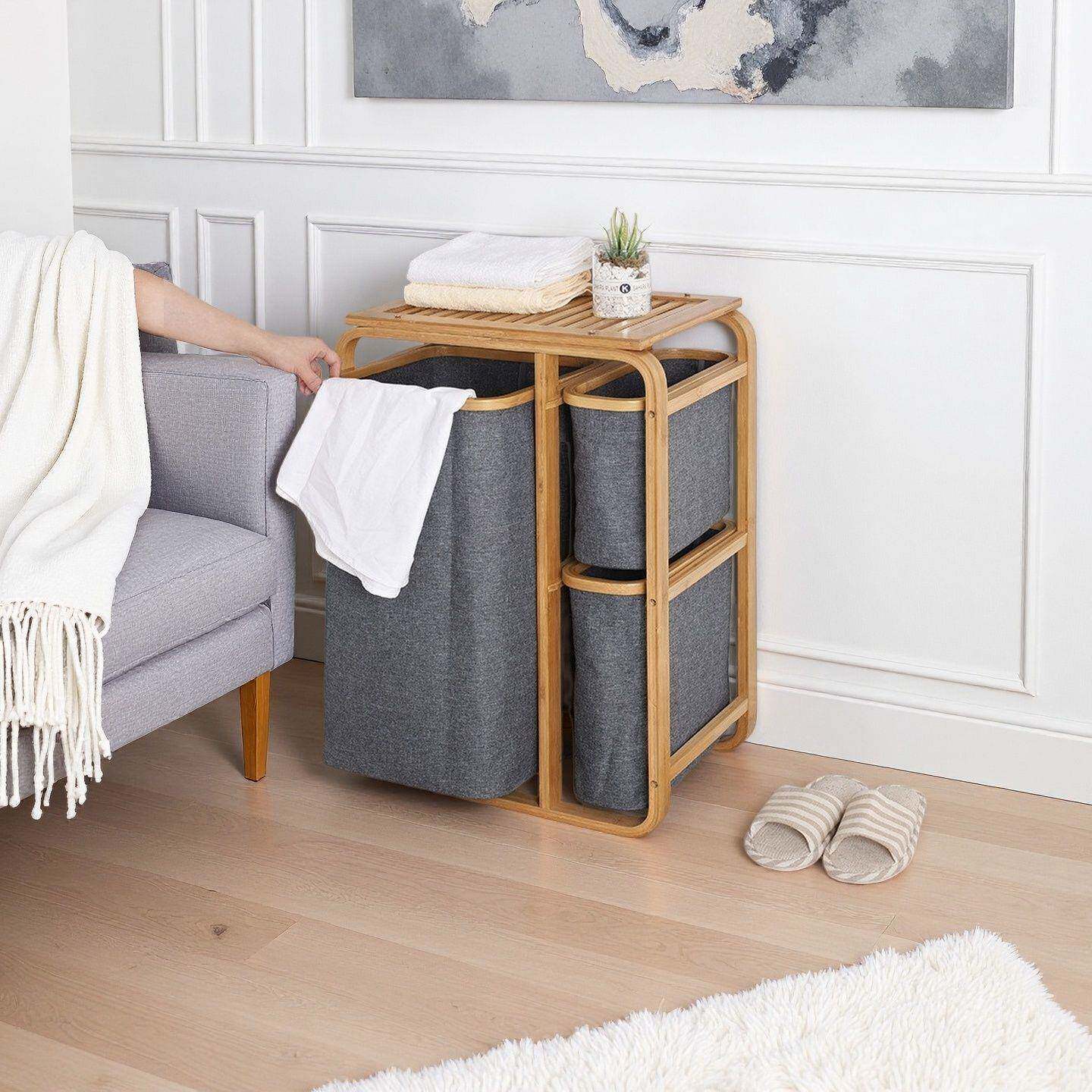 简约款脏衣服收纳筐置物架加厚楠竹家用多功能脏衣篓大容量带分格