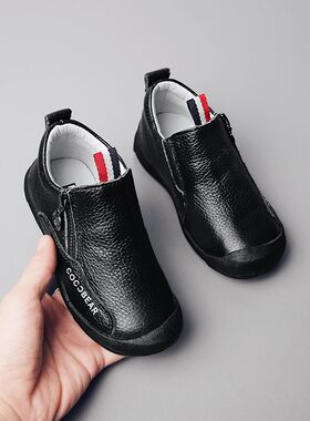 头层牛皮男童皮鞋2021秋冬新款黑色儿童小皮鞋真皮软底加绒二棉鞋