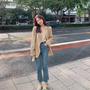 韩版 新款 小个子宽松显瘦休闲西服 外套女2023春季 高级感卡其色西装