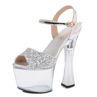 新款粗跟凉鞋g18CM厘米水晶跟厚底鞋走秀蹦迪鞋宴会女鞋超高跟凉