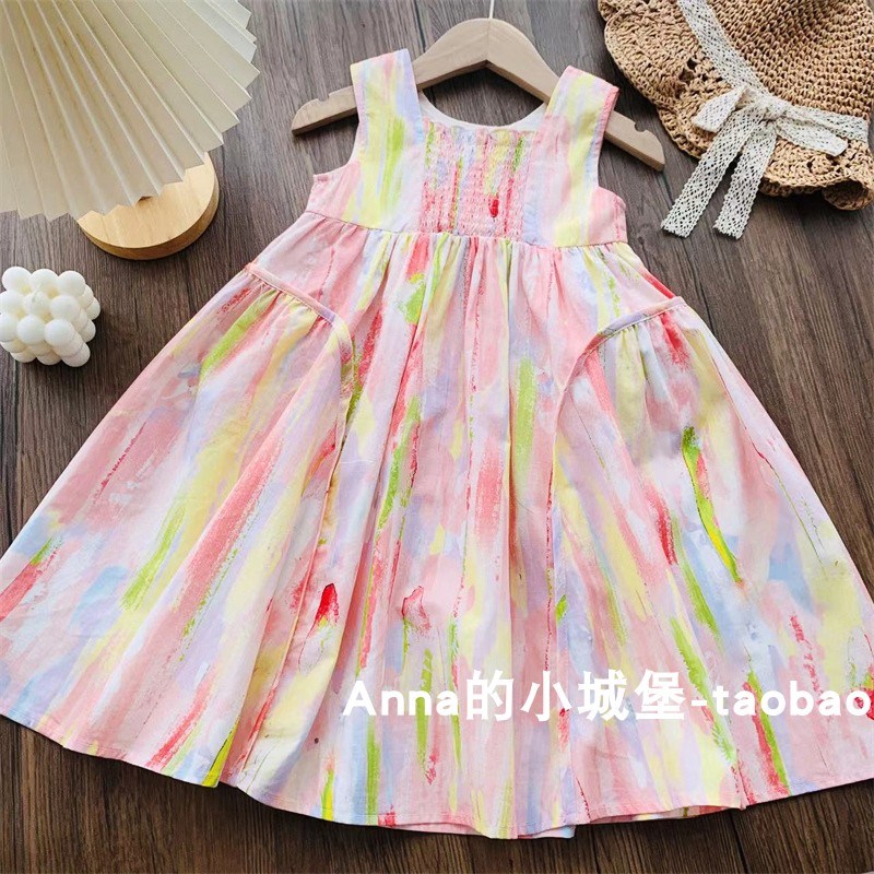 夏款女童彩色晕染碎花裙纯棉连衣裙儿童宝宝洋气背心裙甜美公主裙