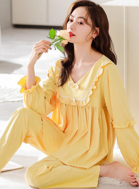 纯棉睡衣女春秋时尚V领长袖韩版甜美公主风全棉休闲可外穿居家服
