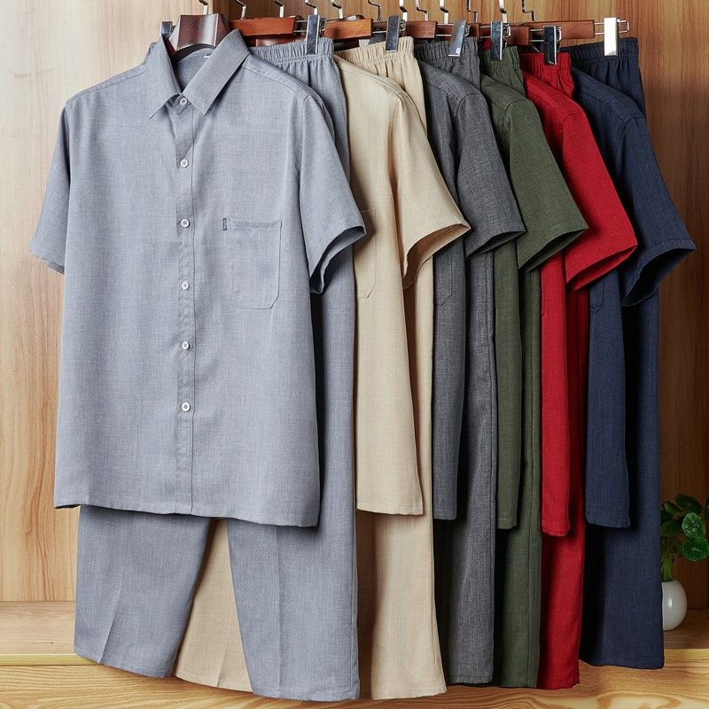 夏季多色衬衣长裤套装中老年男士夏季宽松爸爸爷爷装,男装,时尚套装,淘宝优惠券,粉丝福利购,淘宝优惠卷