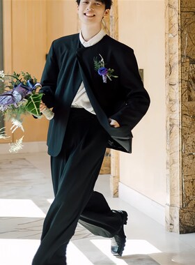 新中式男西装定制小众新郎潮牌套装高级感黑色圆领宽松垫肩外套