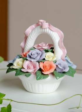 陶瓷手工捏花玫瑰花家居花篮中式书桌面博古架电视柜茶台摆件装饰