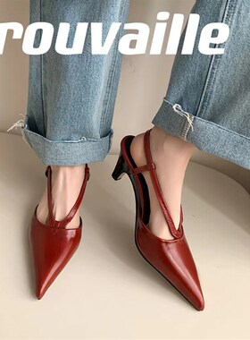 2024年春夏季小众设计尖头绑带黑色F坡跟高跟鞋低跟包头凉鞋女粗