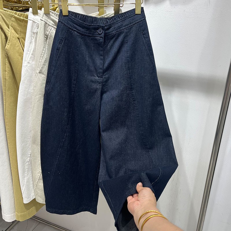 夏季韩版高腰牛仔蓝九分气球裤女新款宽松显瘦极简风休闲裤弯刀裤
